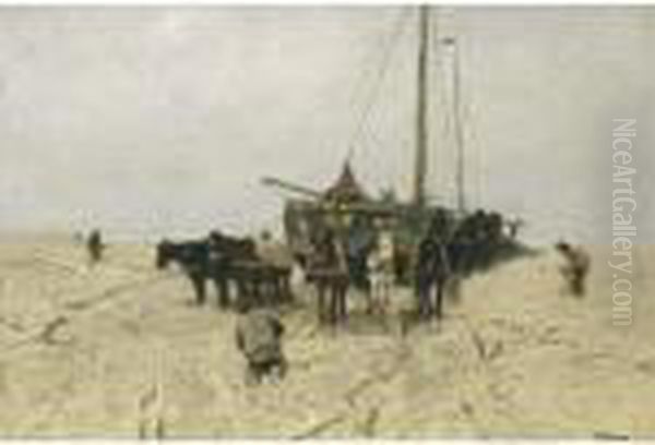 Fishing Boats On Scheveningen Beach Oil Painting by Anton Mauve