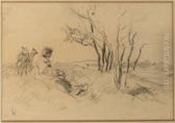 A Seated Shepherd; Sheep Grazing Beneath Trees, Two Oil Painting by Anton Mauve