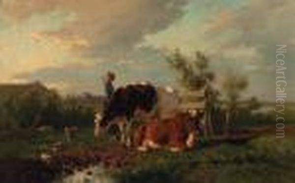 A Tranquil Pasture Oil Painting by Anton Mauve