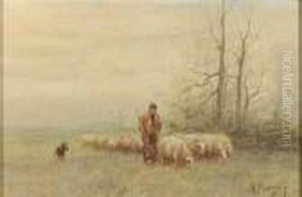 A Shepherd And Flock In A Meadow Oil Painting by Anton Mauve