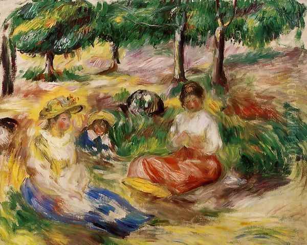 Three Young Girls Sitting In The Grass Oil Painting by Pierre Auguste Renoir