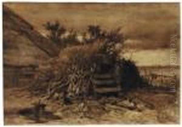 Tree Branches And A Wooden Fence Piled Up By A Farm Oil Painting by Anton Mauve