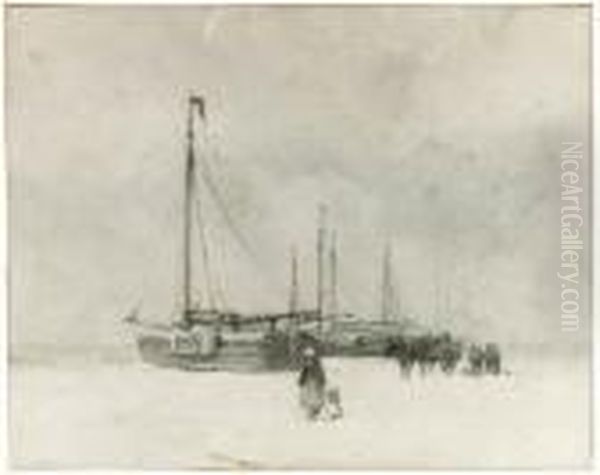 Fishing Boats On The Beach In Winter, A Man Selling Shellfish Oil Painting by Anton Mauve