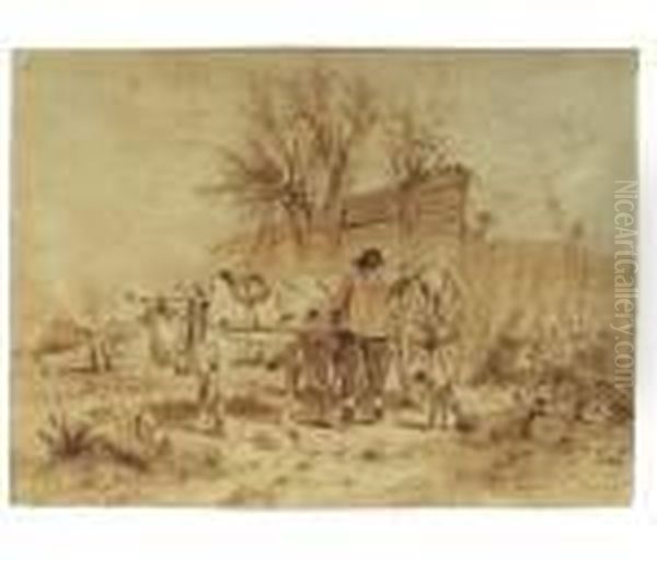 A Ox-drawn Cart With A Farmer And His Dog Near A Stable Oil Painting by Anton Mauve