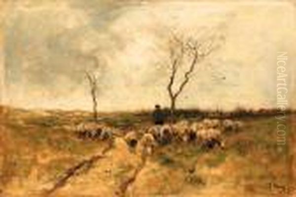 A Shepherd With His Flock Oil Painting by Anton Mauve