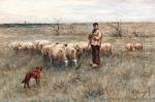 A Shepherd And Flock Oil Painting by Anton Mauve