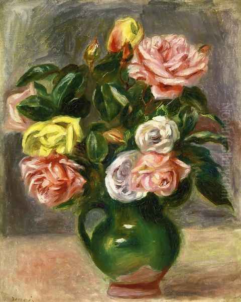 Bouquet of Roses in a Green Vase Oil Painting by Pierre Auguste Renoir