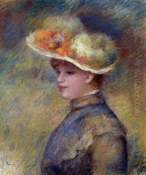 Young Woman Wearing A Hat Oil Painting by Pierre Auguste Renoir