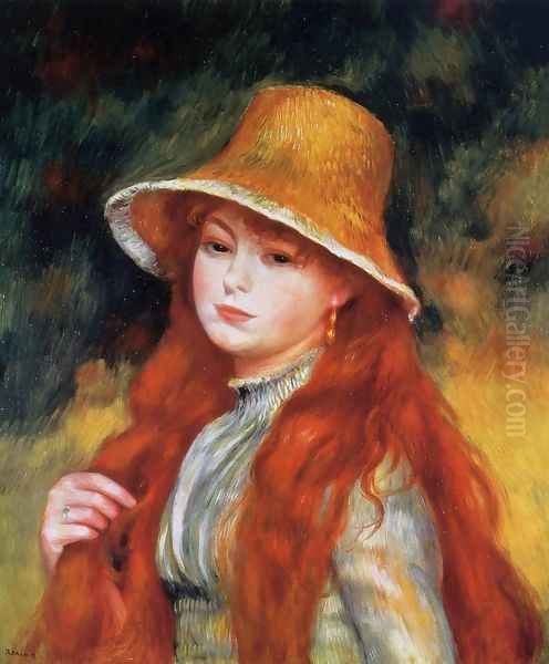 Young Girl In A Straw Hat Oil Painting by Pierre Auguste Renoir