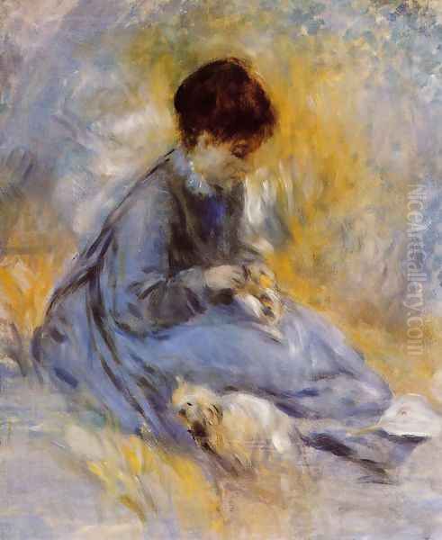 Young Woman With A Dog Oil Painting by Pierre Auguste Renoir