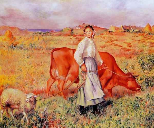 Shepherdess Cow And Ewe Oil Painting by Pierre Auguste Renoir