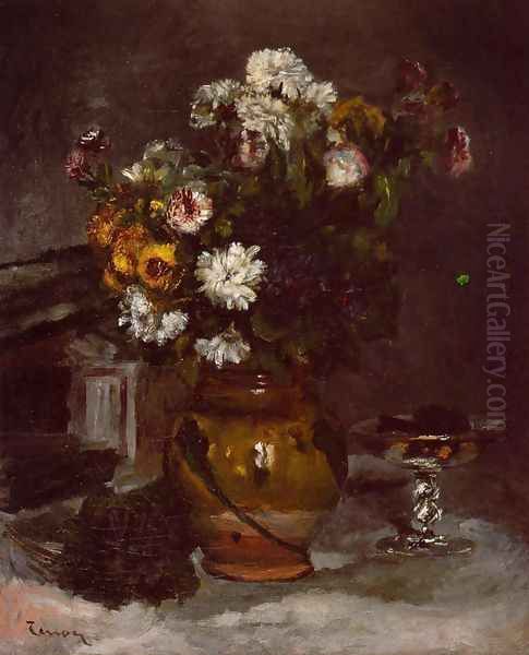 Flowers In A Vase And A Glass Of Champagne Oil Painting by Pierre Auguste Renoir