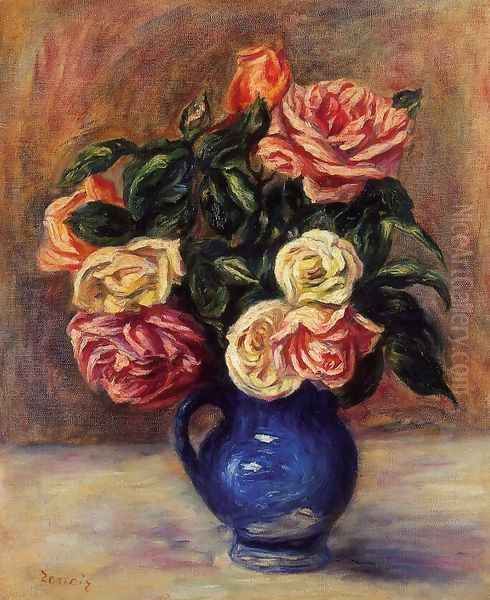 Roses In A Blue Vase Oil Painting by Pierre Auguste Renoir