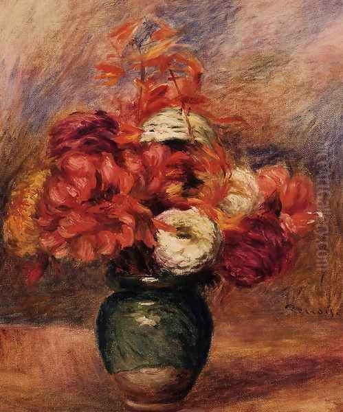 Flowers In A Green Vase Dahlilas And Asters Oil Painting by Pierre Auguste Renoir