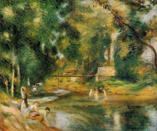 Essoyes Landscape Washerwoman And Bathers Oil Painting by Pierre Auguste Renoir