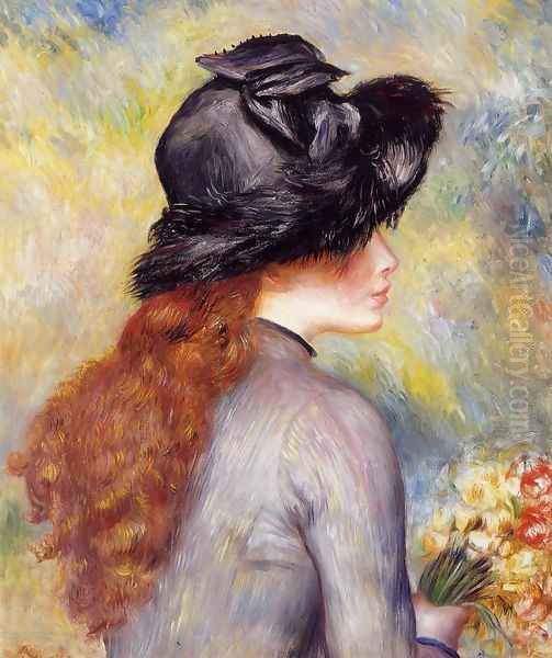 Young Girl Holding At Bouquet Of Tulips Oil Painting by Pierre Auguste Renoir