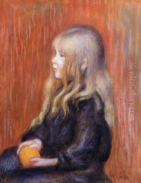 Coco Holding A Orange Oil Painting by Pierre Auguste Renoir