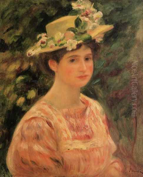 Young Woman Wearing A Hat With Wild Roses Oil Painting by Pierre Auguste Renoir