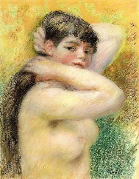 Nude Arranging Her Hair Oil Painting by Pierre Auguste Renoir