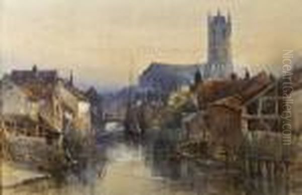 View Of An English Town With River Oil Painting by William Bingham McGuinness