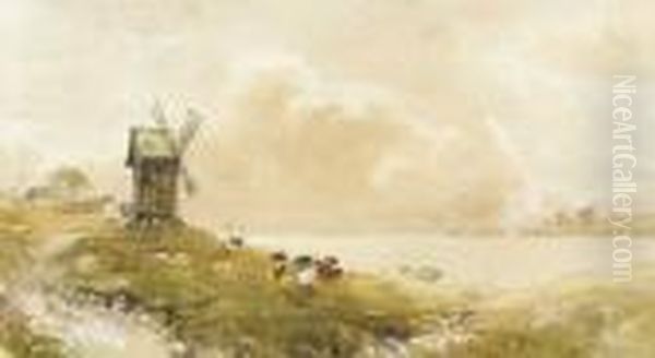 Windmill And Cattle Grazing Oil Painting by William Bingham McGuinness