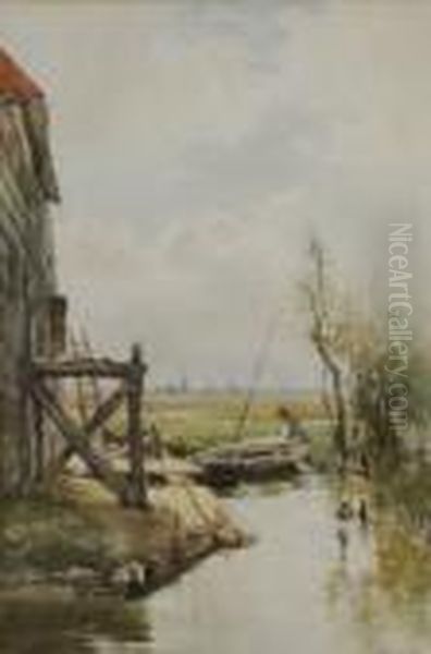 Fisherman By A Boat In A Canal Landscape Oil Painting by William Bingham McGuinness