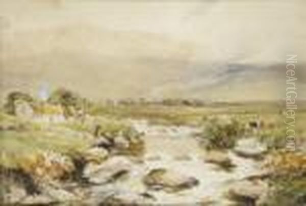 Extensive Mountain River Landscape With Figure By A Cottage Oil Painting by William Bingham McGuinness