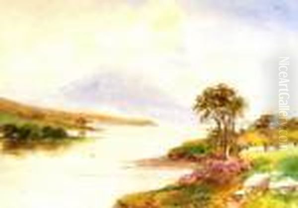 Lake Landscape With Thatched Cottages Oil Painting by William Bingham McGuinness