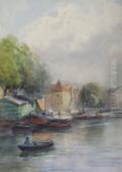 Rowing A Boat And Barges On A Canal Oil Painting by William Bingham McGuinness