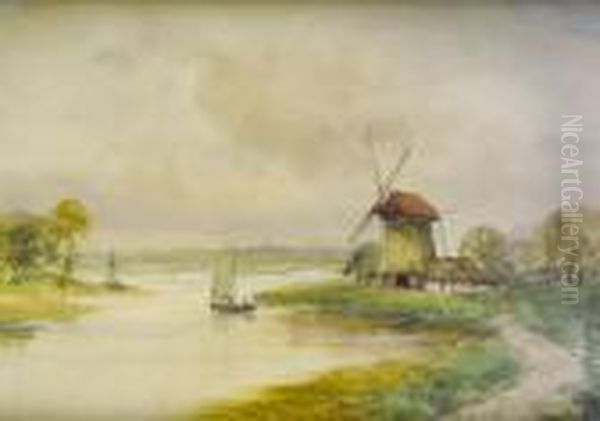 Estuary With Windmill Oil Painting by William Bingham McGuinness