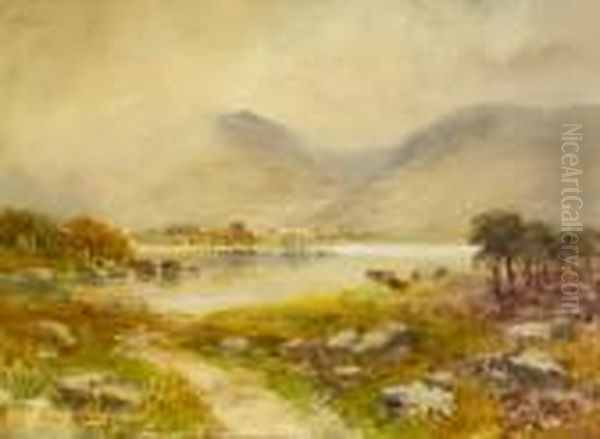 Cattle In Lake And Mountain Landscape Oil Painting by William Bingham McGuinness