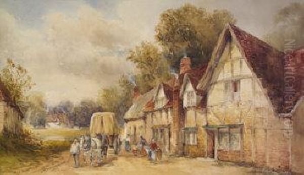 Village Scene With Figures, Horses And Cart Oil Painting by William Bingham McGuinness