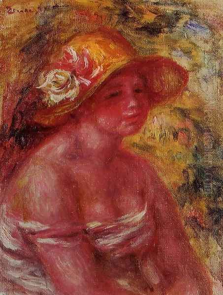 Bust Of A Young Girl Wearing A Straw Hat Oil Painting by Pierre Auguste Renoir