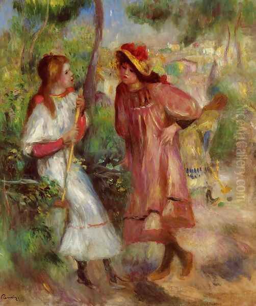 Two Girls In The Garden At Montmartre Oil Painting by Pierre Auguste Renoir