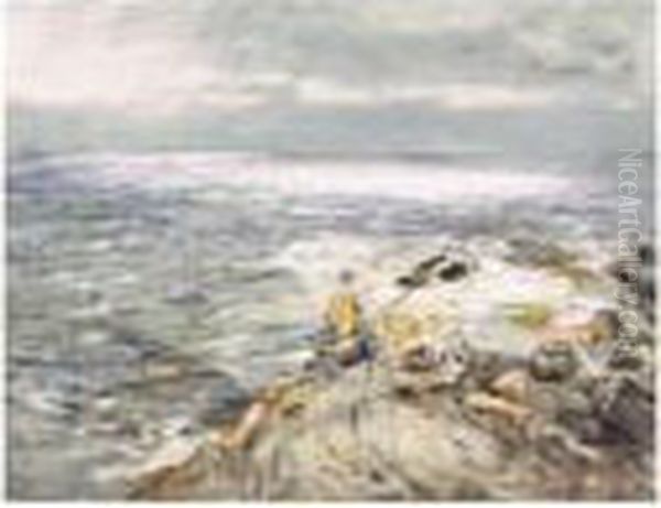 Sun On The Waters, Fishing From The Rocks At Carradale Oil Painting by William McTaggart