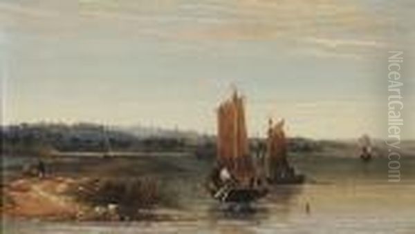 Fishing Boats In An Estuary Oil Painting by Arthur Joseph Meadows