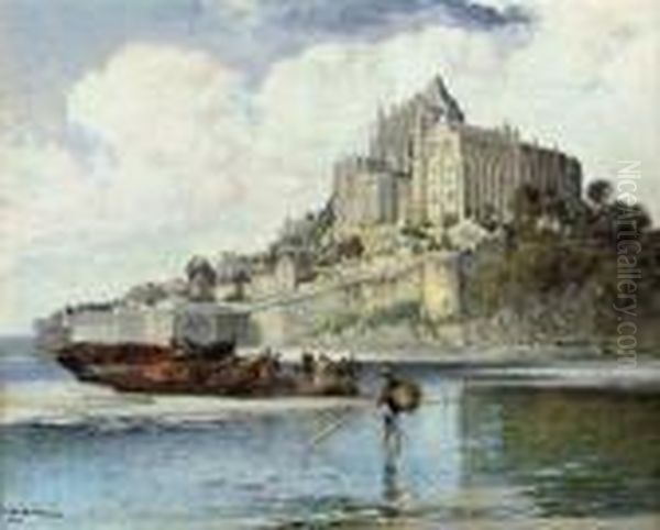 Fishermen Sorting Their Catch On The Beach Below Mont. St. Michel Oil Painting by Arthur Joseph Meadows