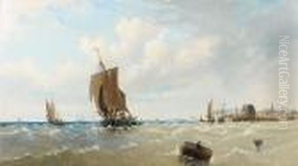 Coastal Craft Off A Brittany Port Oil Painting by Arthur Joseph Meadows