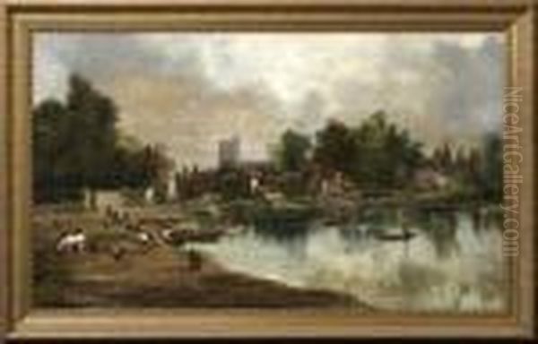 Extensive View Of A Riverside Village With Boats Oil Painting by Arthur Joseph Meadows