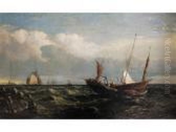 French Fishing Boat With Other Vessels In Coastal Waters Oil Painting by Arthur Joseph Meadows