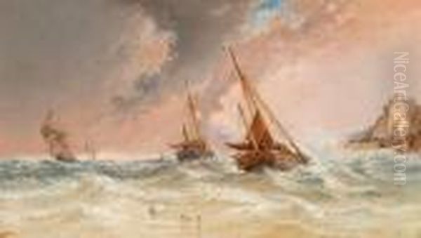 Fishing Boats On A Stormy Sea. Oil Painting by Arthur Joseph Meadows