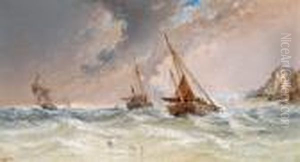 Barche Pescherecce Che Approdano
 In Mare Mosso Di Fronte Ad Una Cittadina Portuale In Inghilterra 
Meridionale Oil Painting by Arthur Joseph Meadows