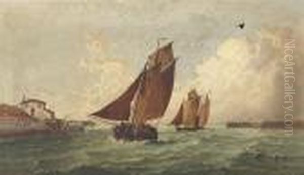 French Luggers At A Harbor Mouth Oil Painting by Arthur Joseph Meadows