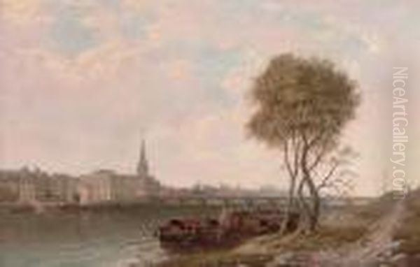 Barges On The Bank Of A Continental Town Oil Painting by Arthur Joseph Meadows