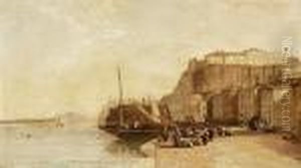 A View Of A Harbor With Numerous Figures On A Quay Oil Painting by Arthur Joseph Meadows