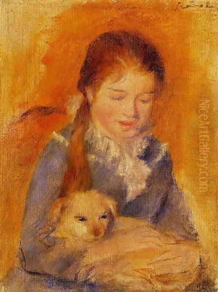 Girl With A Dog Oil Painting by Pierre Auguste Renoir