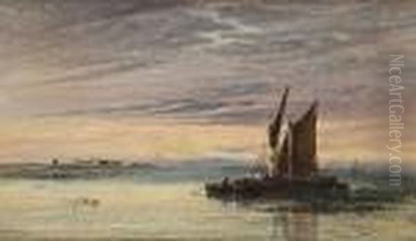 Fishing Boats In Shallow Waters At Sunset Oil Painting by Arthur Joseph Meadows