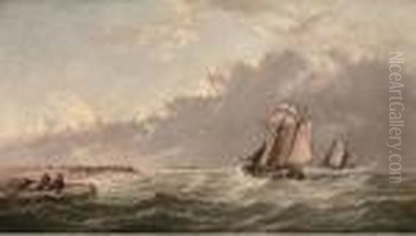 Dutch Barges Running Inshore In A Stiff Breeze Oil Painting by Arthur Joseph Meadows