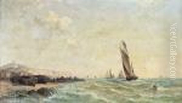 The Calais Fishing Fleet In Coastal Waters Oil Painting by Arthur Joseph Meadows