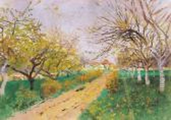 Spring In The Orchard Oil Painting by Laszlo Mednyanszky